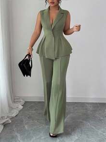 Elenzga Plus Size Sleeveless Blazer Collar Waist Cinched Elegant Romantic Women Suit Set Winter Fall Autumn