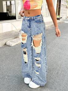 SHEIN 少女Y2K低腰锐舞90年代水洗街头斜插口袋破洞镂空宽松直筒牛仔裤，度假，Y2K宽松牛仔裤，Y2K牛仔裤，镂空牛仔裤，破洞牛仔裤，酸洗牛仔裤，秋冬 - 淺色水洗藍 - 查看 5