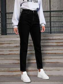 EURMUSE Quần jean cạp cao Mom Fit cho nữ 100% cotton - màu đen - Xem 2