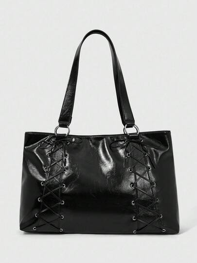 Grunge Punk Women's Fashion Large Capacity PU Tote Bag With Chicken Eye Lace-Up Design