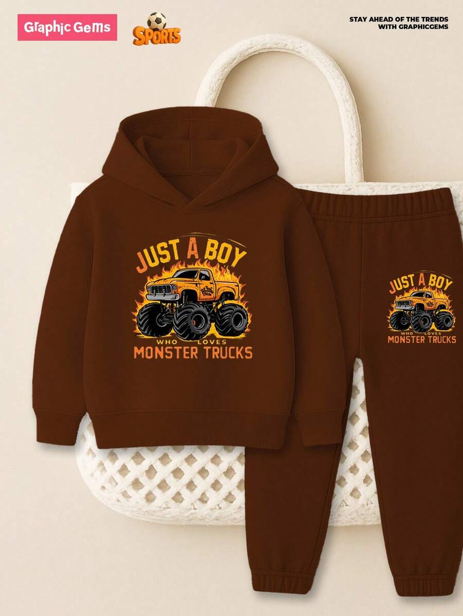 GraphicGems 2 件装年轻男孩火焰卡车连帽衫和运动裤套装 - 棕色 - 查看 1