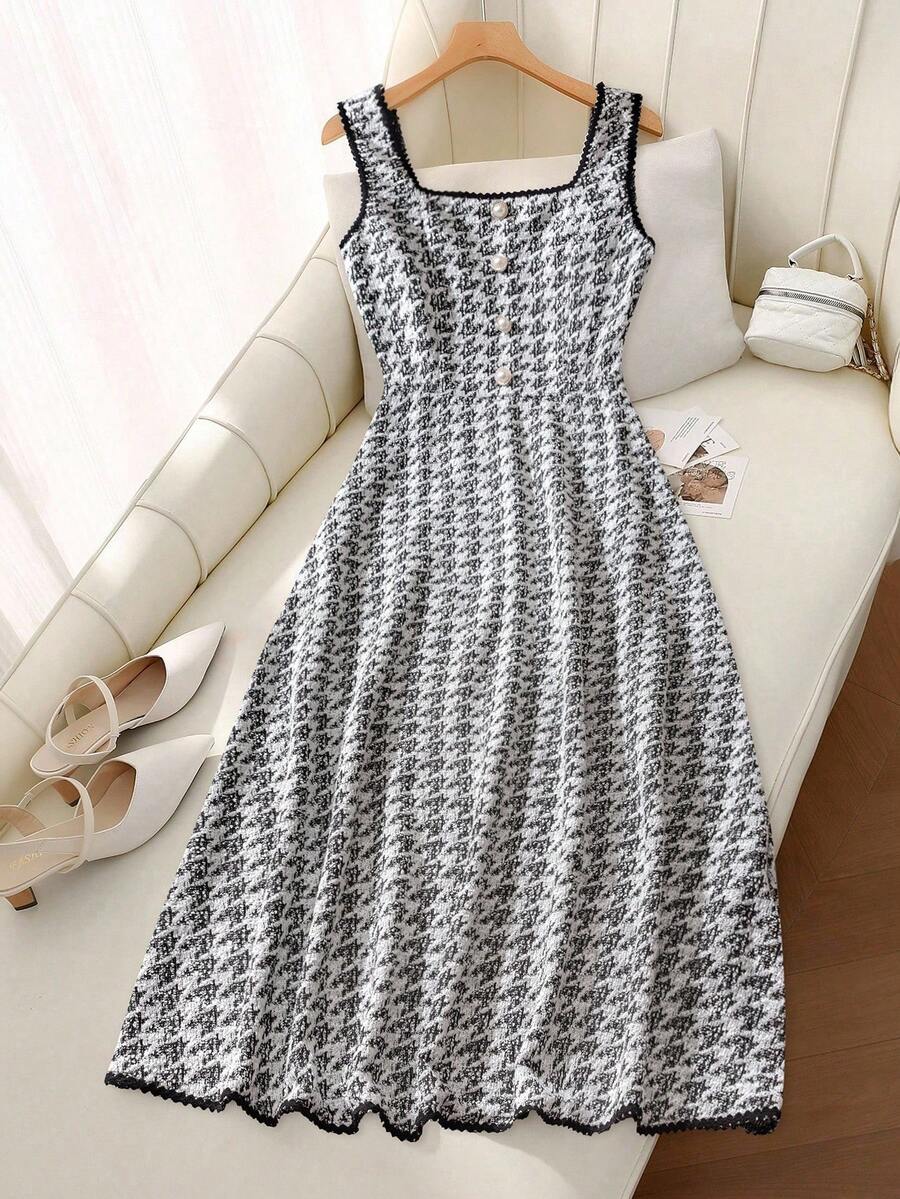 SHEIN Clasi 女士千鸟格纽扣设计方领无袖中长连衣裙，优雅 - 黑與白 - 查看 1