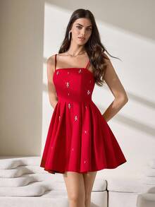 BAE Embellished Black Spaghetti Strap Fit-And-Flare Dress With Rhinestone Details, Special Designed Dress, Elegant Dress - Red - View 6