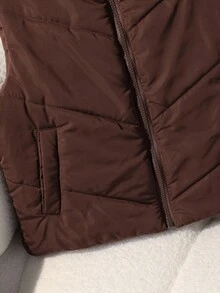 青少年女孩休闲百搭多功能绗缝立领短款加厚背心，秋冬秋季 - 摩卡棕 - 查看 4