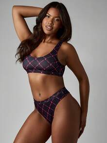 Missguided x Playboy 标志性兔子印花两件套内衣套装高腰内衣中罩杯文胸低腰裤搭配弹力舒适经典款 - 黑色 - 查看 1