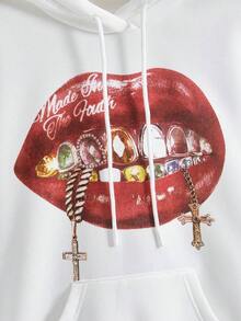 ROMWE Grunge Punk Street Style Lip Print Women Fleece Pullover Sweatshirt - White - View 4