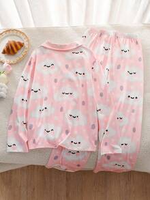 Conjunto de pijama para niñas preadolescentes, estampado de flores, nubes y caras sonrientes, top de manga larga con botones delanteros y pantalones largos, tela ignífuga, elegante y de moda - Rosa Pálido - Ver 2
