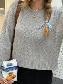 Livesso Women's Loose Fit Round Neck Bowknot Hollow Back Sweater