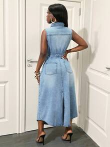 Slaydiva 女式无袖蓝色前扣开衩牛仔连衣裙，时尚 - 藍色 - 查看 2