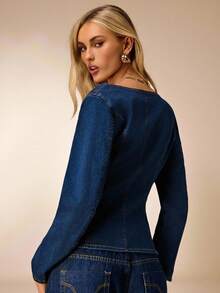 Avantive Langärmliges Jeanshemd mit quadratischem Ausschnitt, dekoriert mit Metallknöpfen, geeignet für Winter/Herbst, Ausgehen, Geburtstag, Casual, Millennium/2000/90er Jahre, Western-Stil Damen, Club, Büro, Cocktails, Retro, Rave Festival, Fun, Klassisch, Old Money, Streetwear, Workwear, Junggesellinnenabschied, Konzert, Basic, Ausgehen, Elegant, Casual - Mittele Waschung - Übersicht 2