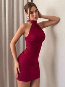 Aloruh Vestido Curto Mulheres Cor Sólida Franzido Decote Halter Costas Abertas