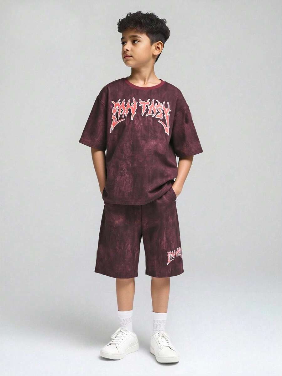 SHEIN Explorewe 2pcs Teen Boy Set: Tie-Dye Letter Print Short Sleeve Top And Shorts - Burgundy - View 1