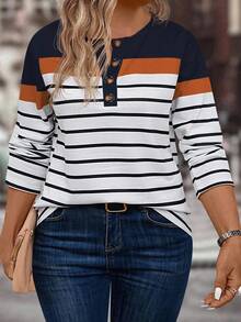 EMERY ROSE 大码女式休闲拼色条纹印花图案T恤 - 彩色 - 查看 6