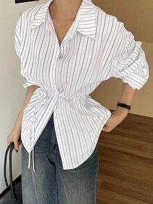 DAZY 女式休闲不对称下摆翻领长袖条纹衬衫，秋季 - 白色 - 查看 2