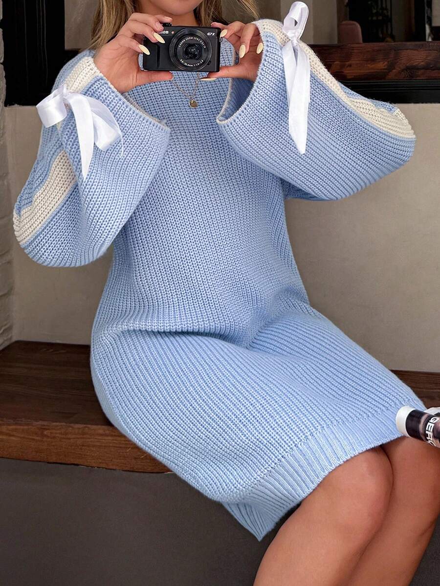 Casual Crew Neck Color Block Balloon Sleeve Bow Tie Cuffs Mini Knit Dress Baby Blue Sweater Dress Jumper Dress Blue Knit Dress With Bows Sweater Dress With Bows,Winter Dresses For Women,Dresses For Women,Jumpers For Women,Winter Dresses