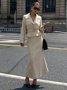 DAZY Women's Autumn Lapel NeckLong Sleeve Double-Breasted Jacket And Fish Tail Midi Skirt Elegant 2 Pieces Set - Khaki - View 1