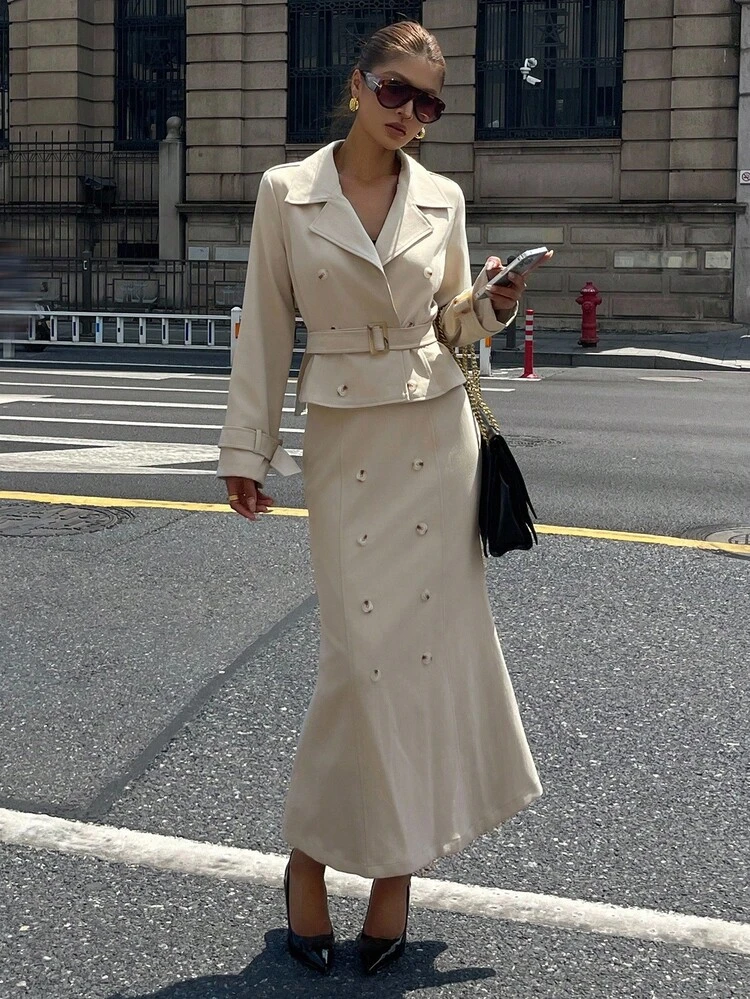 Women's Autumn Lapel NeckLong Sleeve Double-Breasted Jacket And Fish Tail Midi Skirt Elegant 2 Pieces Set