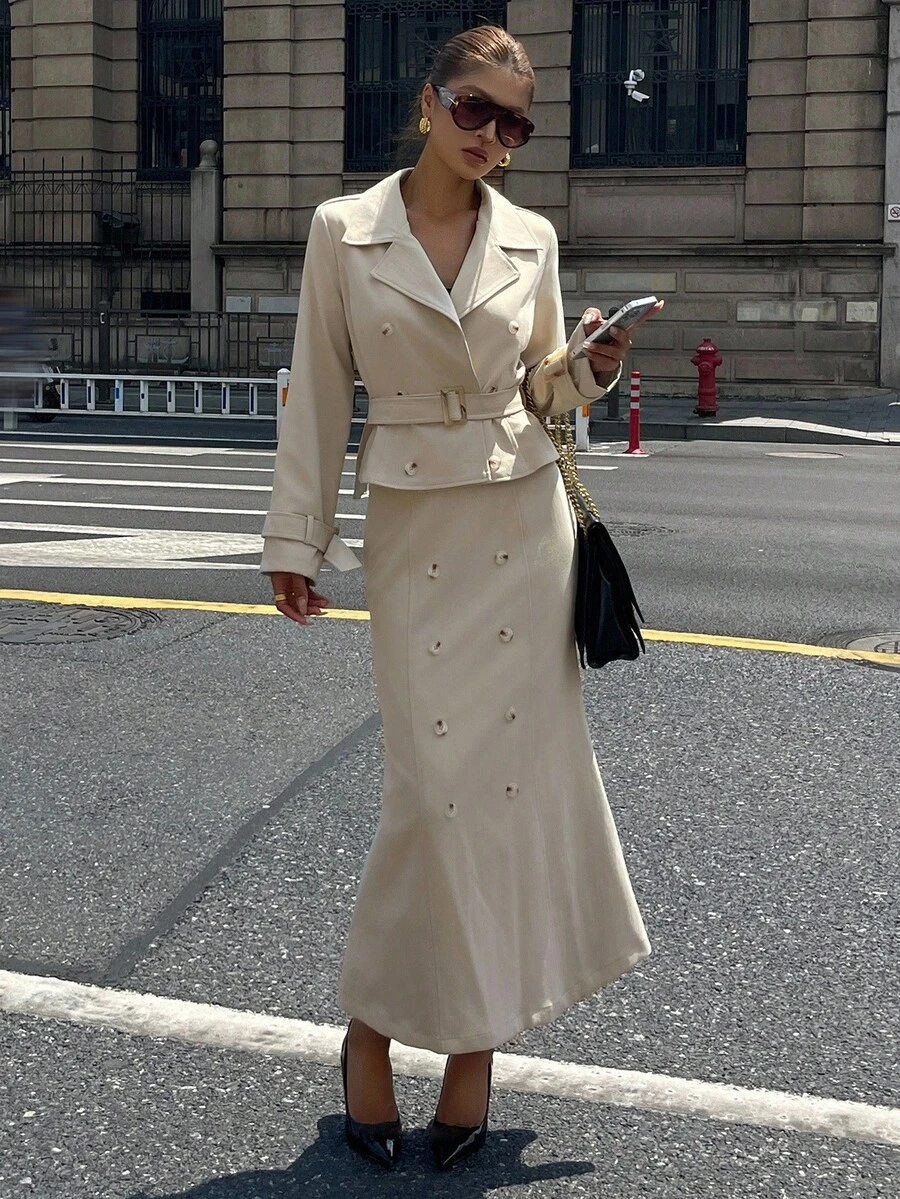 DAZY Women's Autumn Lapel NeckLong Sleeve Double-Breasted Jacket And Fish Tail Midi Skirt Elegant 2 Pieces Set - Khaki - View 1