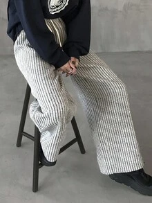 FRIFUL Women's Striped Fabric Elastic Waist Drawstring Straight Leg Loose Casual Pants, Versatile, Autumn - Grey - View 5