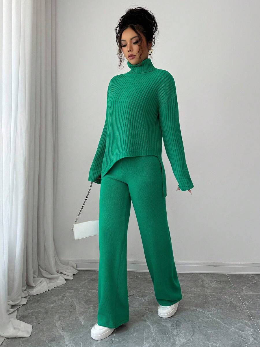 Elenzga 2件套女士高领毛衣+阔腿裤，宽松版型 - 綠色 - 查看 1