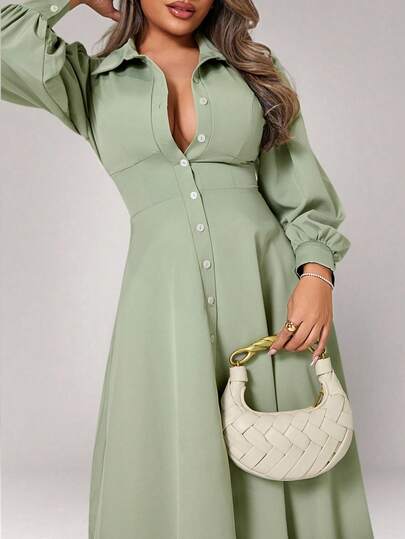 Xyvia Women's Elegant Solid Color Lantern Sleeve Front Button Shirt Dress Fall Cloth For Women
