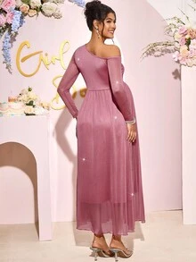 Loomaby 优雅派对不对称领口亮片孕妇装 - 粉色 - 查看 2