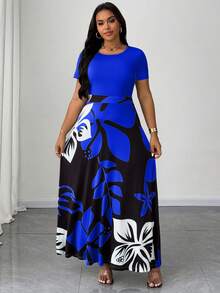 Maweii Plus Size Floral Print Patchwork Dress - Blue - View 5