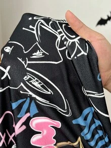 SHEIN 少女休闲宽松舒适字母图案卫衣，中长款，秋冬款 - 黑色 - 查看 8