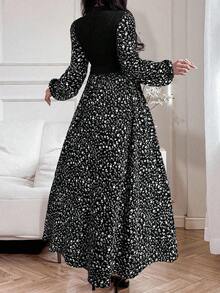 Modelyn Robe arabe élégante pour femmes avec col montant, manches lanternes et patchwork à motif floral - Noir - Voir 2