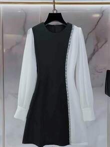 Franclia Damen elegantes, minimalistisches Farbblock-Kleid mit Strass-Verzierung