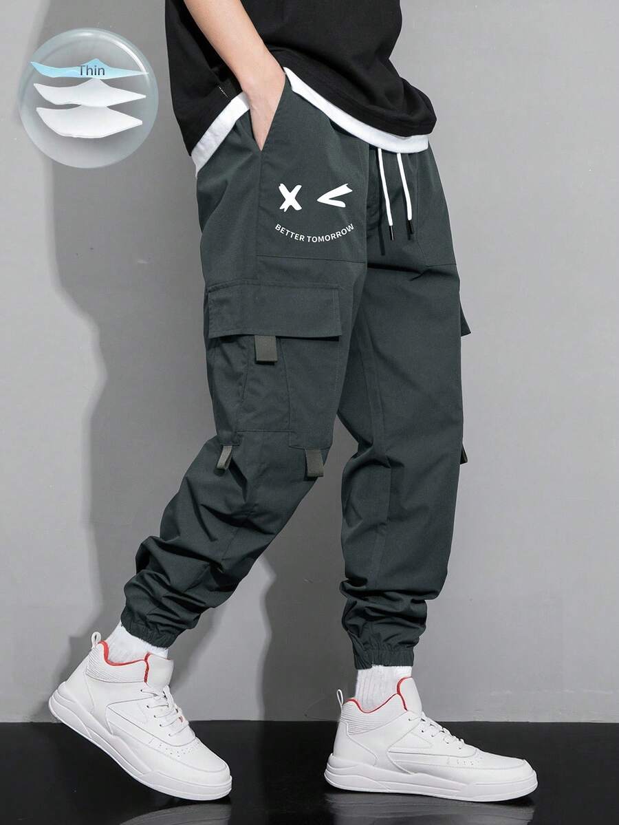 Claim Dot Men's Cartoon Printed Flap Pocket Cargo Pants, Fall - Grey - View 1