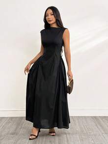 SHEIN PETITE 女士纯色斜肩褶饰腰优雅连衣裙 - 黑色 - 查看 5
