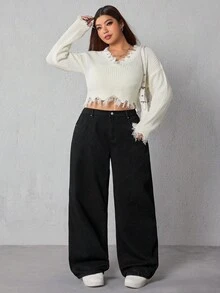 Flexra Plus Size Women's Pocketed Thermal Lined Loose Fit Wide Leg Casual Jeans - Black - View 5