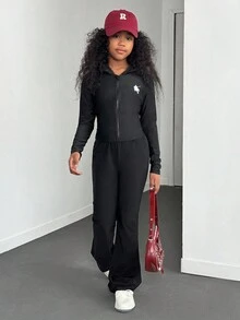 Conjunto de chaqueta con cremallera y pantalones con estampado sencillo para niñas preadolescentes, otoño e invierno - Negro - Ver 3