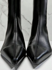 SHUZIA 女式中高跟简约基本款休闲日常舒适PU黑色高跟靴 - 黑色 - 查看 6