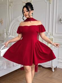 Roveilla Váy ngắn hở vai lãng mạn thanh lịch cỡ lớn dành cho nữ có dây thắt lưng, váy Giáng sinh ngắn xếp nếp, váy ôm eo, váy đỏ gợi cảm, váy sinh nhật, váy lãng mạn, váy dự tiệc - Đỏ - Xem 4