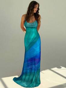 Aloruh Váy Maxi Boho hở lưng họa tiết lưới ombre cầu vồng phong cách nghỉ dưỡng mới lãng mạn nhiều màu - màu xanh lá - Xem 4