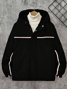 Vacaura Chaqueta con capucha con cremallera, forro térmico y rayas reflectantes para niño preadolescente, cálida y cómoda para actividades al aire libre, otoño/invierno - Negro - Ver 6