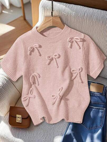 GlowEve Casual Solid Color Bow Decor Short Sleeve Sweater, Autumn