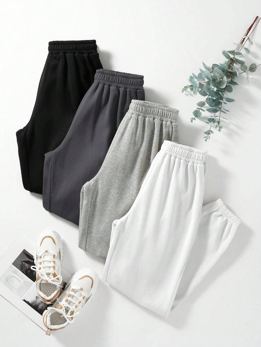 GlowEve 4pcs/Set Women Solid Color Elastic Waist Casual Loose Drawstring Fleece Sweatpants - Multicolor - View 1
