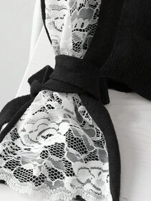 GlowEve CURVE Black And White Elegant Lace-Patchwork Knit Sweater,Autumn Everyday Floral Design Long Sleeve Pullover, Fashion Must-Have For Winter Dates - Black - View 6
