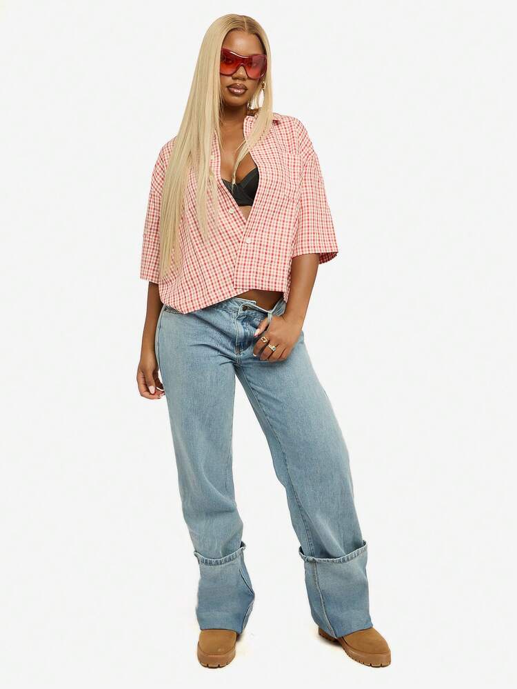 SUMWON WOMEN Wide Leg Denim Jeans With Turn Up Hem And Logo Detail