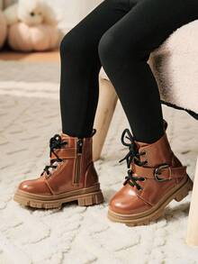 Cozy Pixies 1 双时尚、百搭、乡村风格金属扣棕色软底系带踝靴，适合秋冬季 - 棕色 - 查看 4