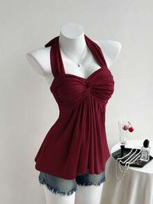 Comfortcana Women's Wine Red Twist Back Halter Neck Tank Top,Red Top