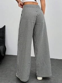 EURMUSE Pantalon casual à jambes larges avec imprimé à carreaux taille mi-haute pour femmes