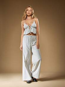 MISSGUIDED Cotton Stripe Patterned Tie Front Cami Top With High Waist Wide Leg Pants 2 Pcs Outfit Summer Beach Resort Wear Casual Loose Fit Palazzo Lounge Set - Navy Blue - View 1