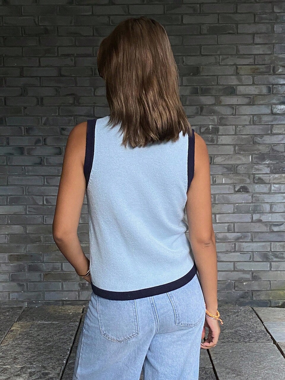 Women's Casual Contrast Color Cropped Sweater Vest, Autumn/Winter Vacation