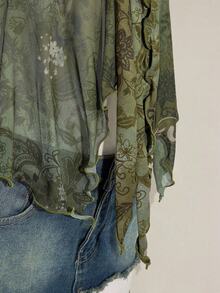 SHEIN ICON Vintage Print Asymmetrical Hem Mesh Trim Women Tank Top