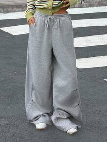 Muchica 灰色针织阔腿休闲宽松抽绳运动裤，女款，宽松裤型，秋冬季，街头风，筒状裤腿，机场休闲女装 - 淺灰色 - 查看 1