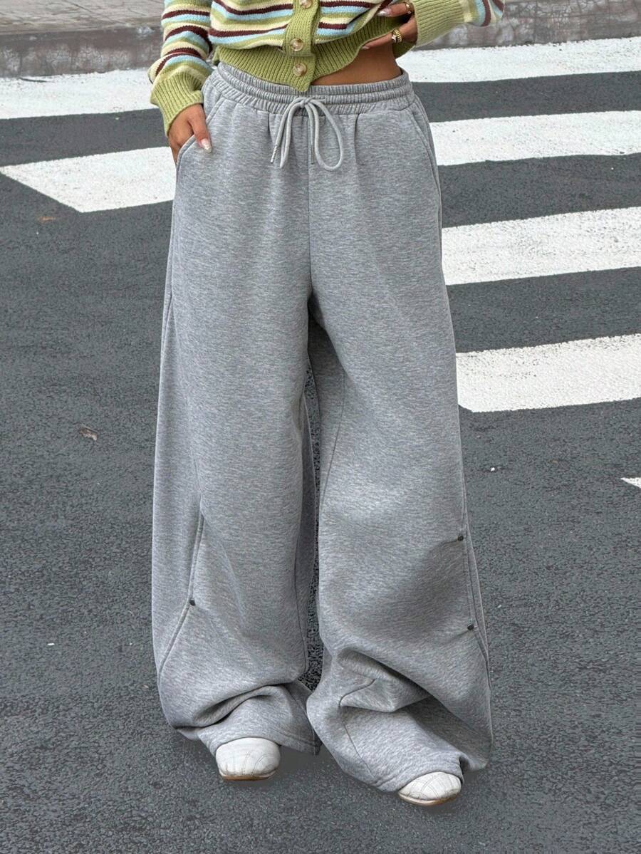 Muchica 灰色针织阔腿休闲宽松抽绳运动裤，女款，宽松裤型，秋冬季，街头风，筒状裤腿，机场休闲女装 - 淺灰色 - 查看 1